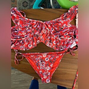H&M string bikini red with flowers size medium bottoms and large top